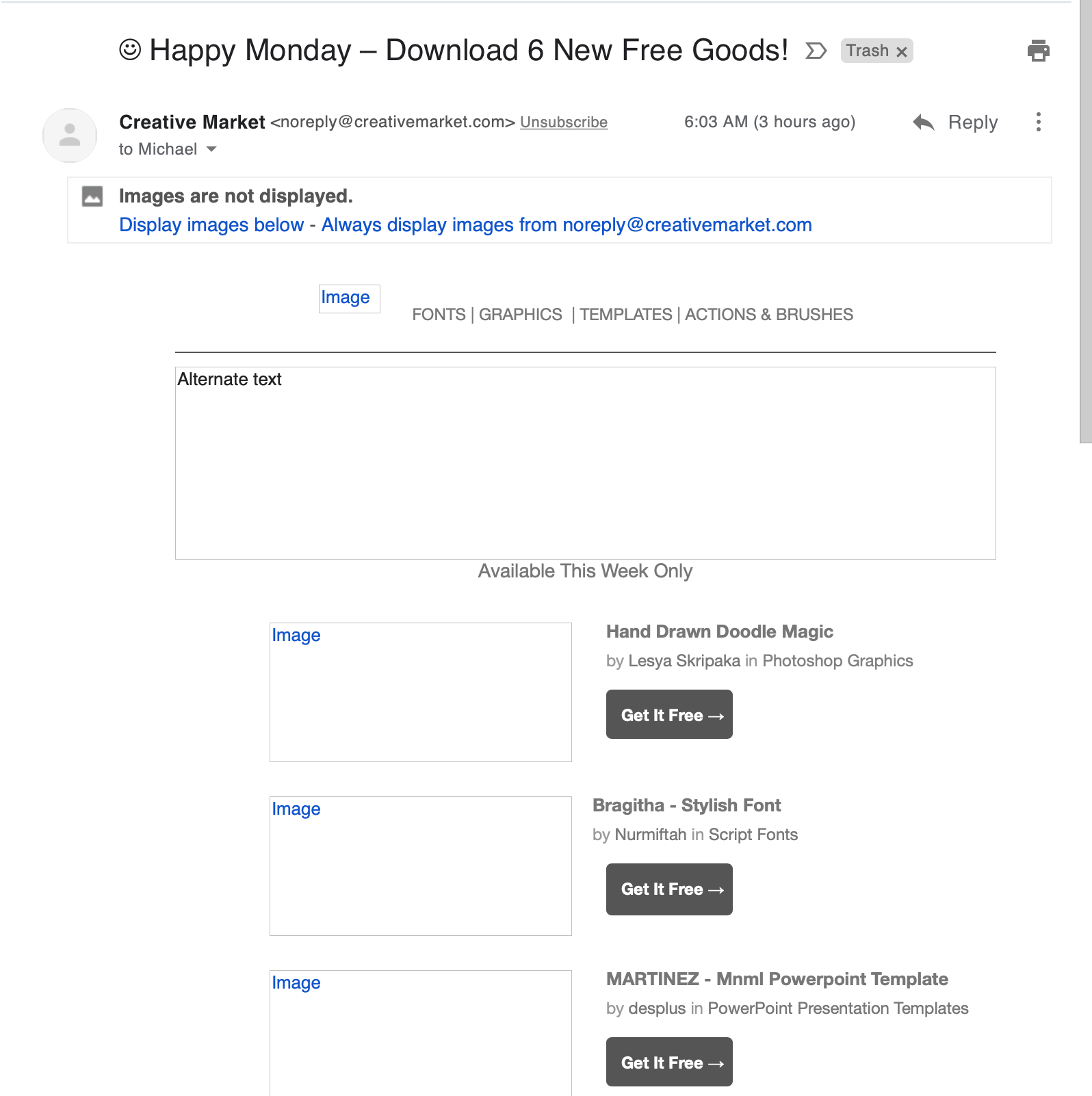 Email from Creative Market before loading images