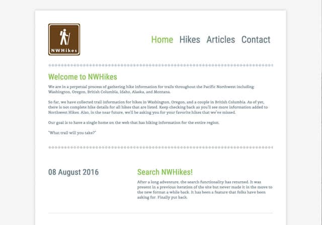 Screenshot of the nwhikes.com homepage.